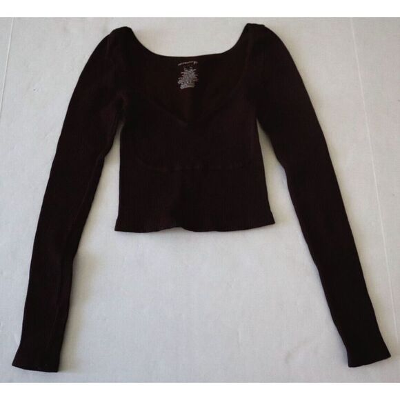 Intimately x Free People Women Sz XS Brown Long Sleeve Ribbed Crop Top Shirt - Picture 1 of 5
